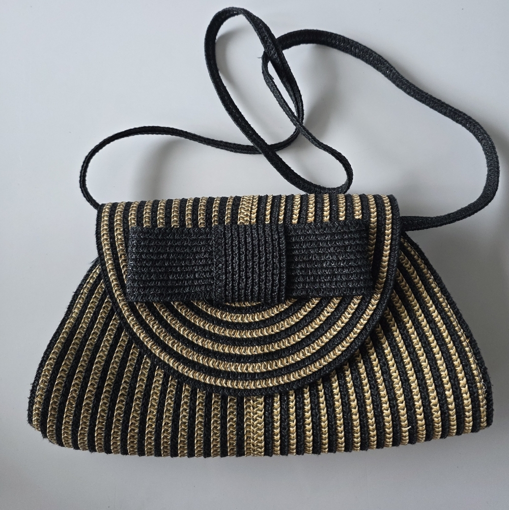 Vintage Black Tan Olive Woven Clutch Crossbody Straw Resort Bag - Picture 5 of 8